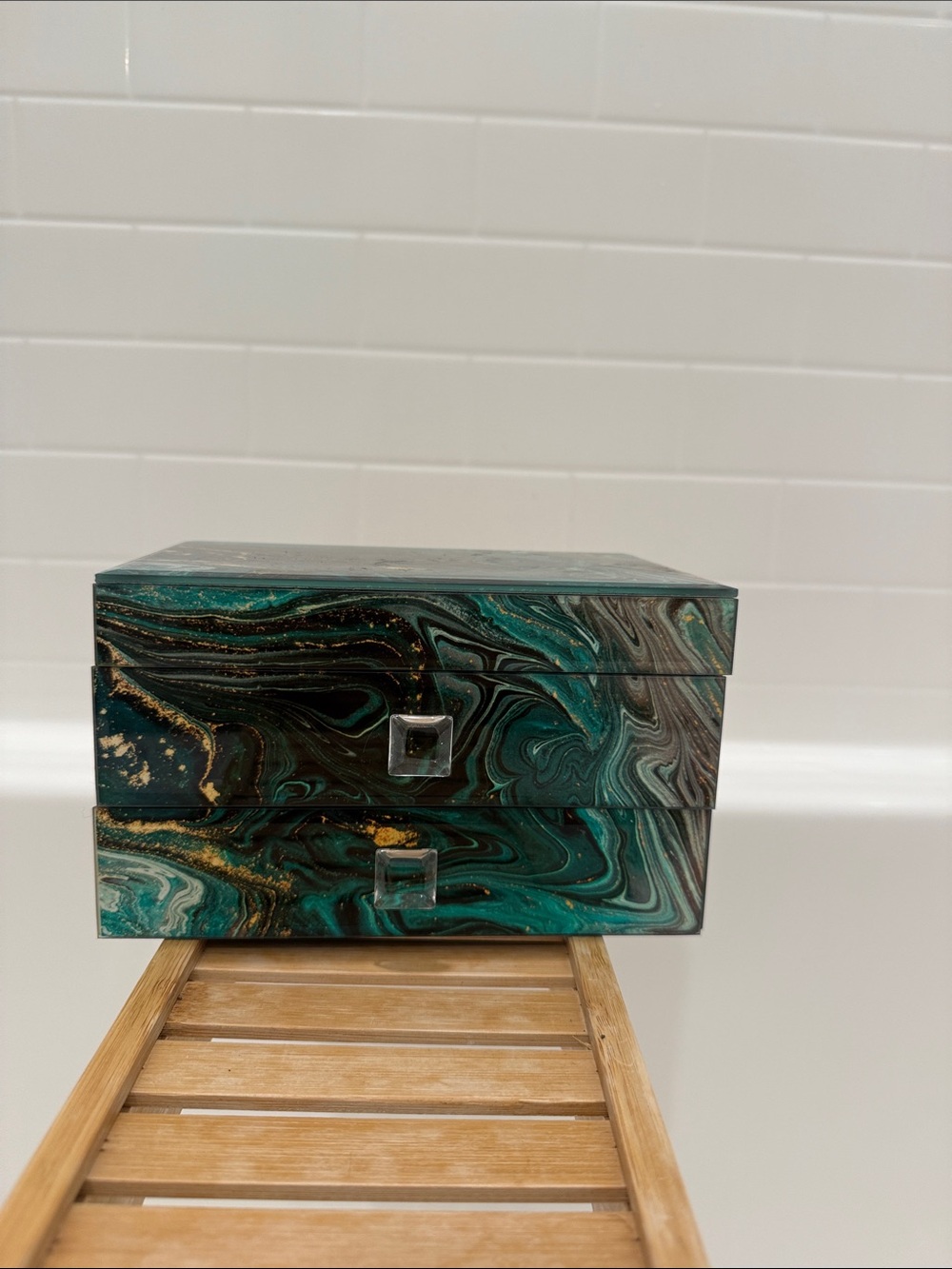Decorative Marble-Effect Jewelry Box in Teal and Gold - Brand Unspecified